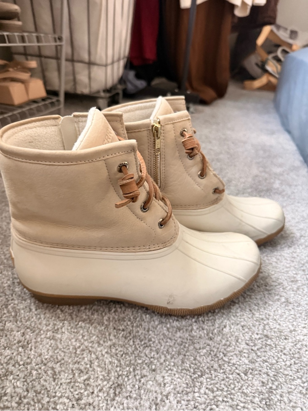 Sperry Cream and Tan Duck Booties with Side Zip